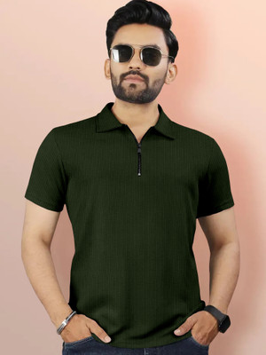 MENTIFIC Self Design Men Polo Neck Dark Green T-Shirt