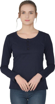 GEUM Solid Women Henley Neck Dark Blue T-Shirt