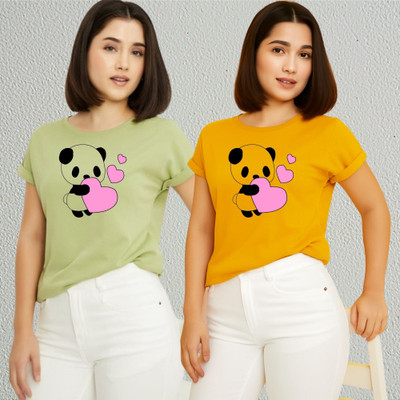 Lecowar Printed Women Round Neck Green, Yellow T-Shirt