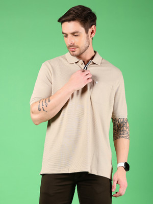 V-MART Solid Men Polo Neck Beige T-Shirt