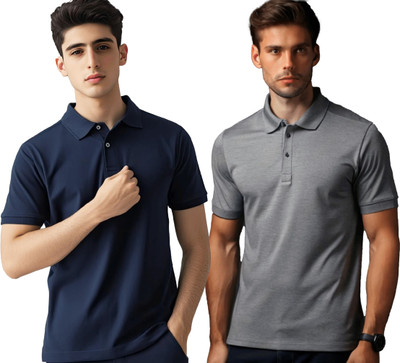 JEDFER Solid Men Polo Neck Navy Blue, Grey T-Shirt