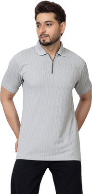 BUFFARO Self Design Men Zip Neck Grey T-Shirt