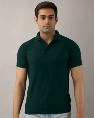 INKKR Solid Men Polo Neck Green T-Shirt