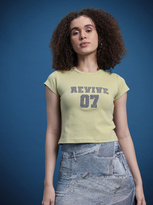 Roadster Self Design Women Round Neck Green T-Shirt