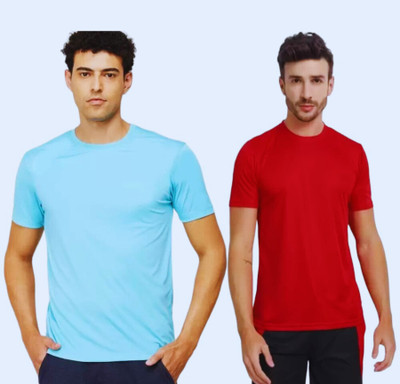 PicPok Solid Men Round Neck Light Blue, Red T-Shirt