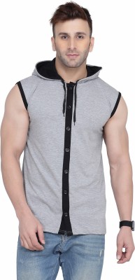 GEUM Solid Men Hooded Neck Silver T-Shirt