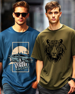 AUSK Printed Men Round Neck Green, Dark Blue T-Shirt