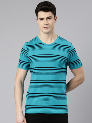 Faso Striped Men Round Neck Blue T-Shirt