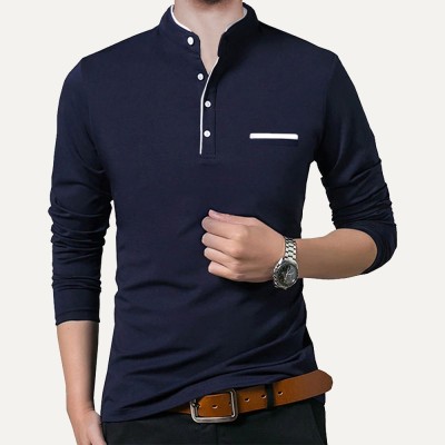 BLIVE Solid Men Henley Neck Dark Blue T-Shirt