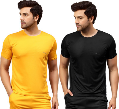 UDI n ADI Solid Men Round Neck Yellow, Black T-Shirt