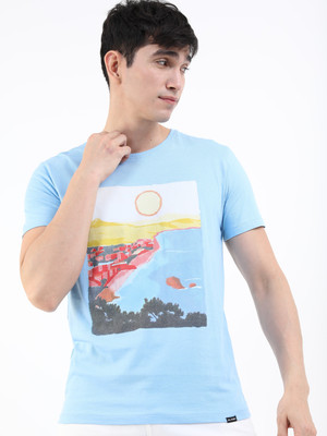 HIGHLANDER Printed Men Round Neck Blue T-Shirt