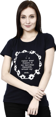 Moda Rapido Self Design Women Round Neck Navy Blue T-Shirt