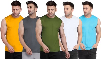 Think Tech Solid Men Round Neck Yellow, Grey, Dark Green, White, Light Blue T-Shirt