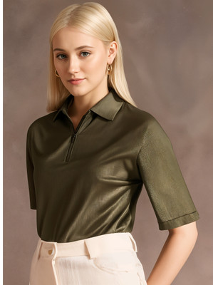 MACK JONNEY Self Design Women Polo Neck Green T-Shirt