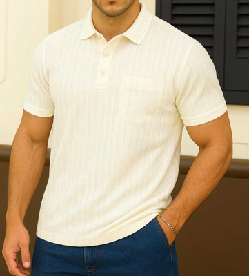 SCUBA Self Design Men Polo Neck White T-Shirt