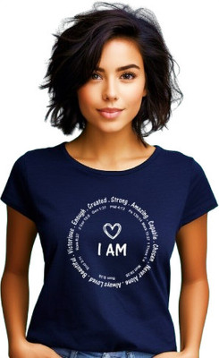 Witty Curls Printed Women Round Neck Navy Blue T-Shirt