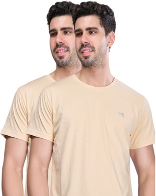 Ramraj Cotton Solid Men Crew Neck Yellow T-Shirt
