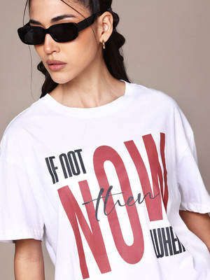 Roadster Printed Women Round Neck White T-Shirt