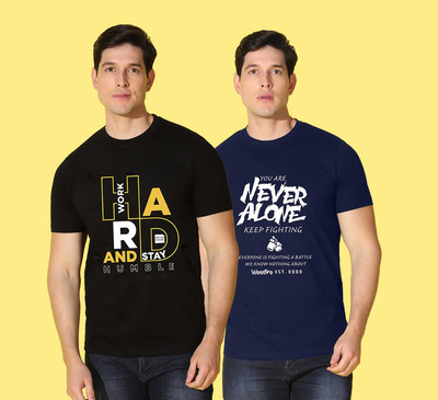 WOOSTRO Printed Men Round Neck Navy Blue, Black T-Shirt