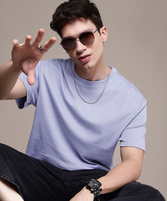 WROGN Solid Men Round Neck Purple T-Shirt