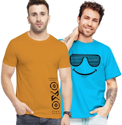 FADMARK Printed Men Round Neck Brown, Blue T-Shirt