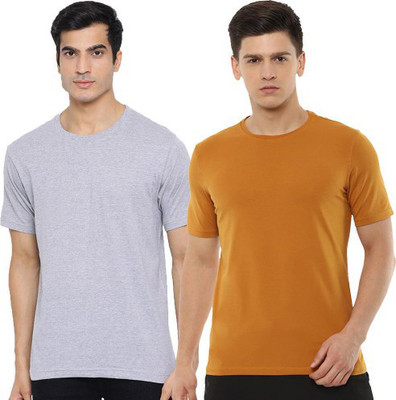 Organic Chics Solid Men Round Neck Grey, Yellow T-Shirt