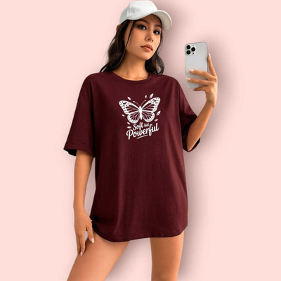 Stylicity Printed Women Round Neck Brown T-Shirt