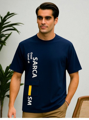 Autna Printed Men Round Neck Navy Blue T-Shirt