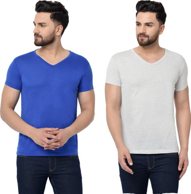 Tresna Trendy Solid Men V Neck Blue, Grey T-Shirt