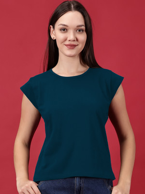Novia Solid Women Round Neck Dark Blue T-Shirt