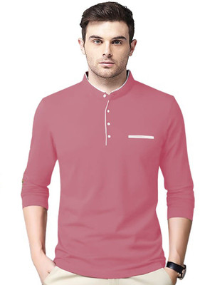 Tresna Trending Solid Men Mandarin Collar Red T-Shirt