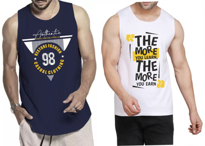 WOOSTRO Printed Men Round Neck Navy Blue, White T-Shirt