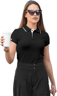 Fighterhero Solid Women Polo Neck Black T-Shirt