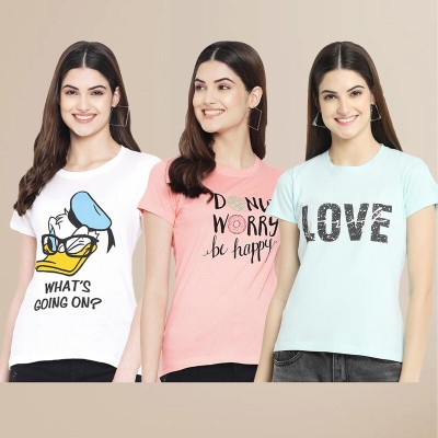 METRONAUT Printed Women Round Neck Pink, White, Light Blue T-Shirt