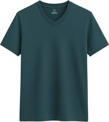 HypeDrip Solid Men V Neck Blue T-Shirt