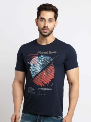 Status Quo Solid Men Round Neck Navy Blue T-Shirt