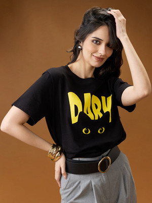 Globus Printed Women Round Neck Black T-Shirt