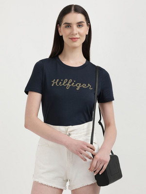 TOMMY HILFIGER Printed Women Crew Neck Navy Blue T-Shirt