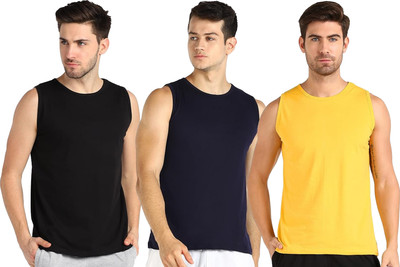 Adorbs Trend Solid Men Round Neck Black, Dark Blue, Yellow T-Shirt