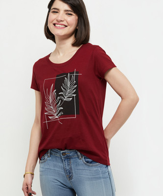 MAX Printed Women Round Neck Maroon T-Shirt