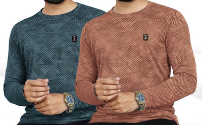 AVOLT Self Design Men Round Neck Grey, Brown T-Shirt