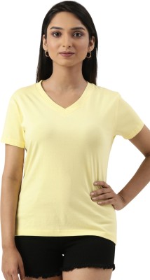 Baromin Solid Women V Neck Yellow T-Shirt