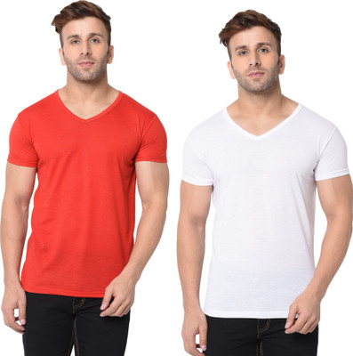 Tresna Trending Solid Men V Neck Red, White T-Shirt