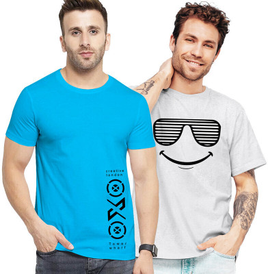 FADMARK Printed Men Round Neck Blue, Grey T-Shirt