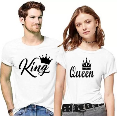 Shree Shyam Collection Printed, Typography Couple Round Neck White T-Shirt