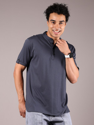 V-MART Solid Men Henley Neck Grey T-Shirt
