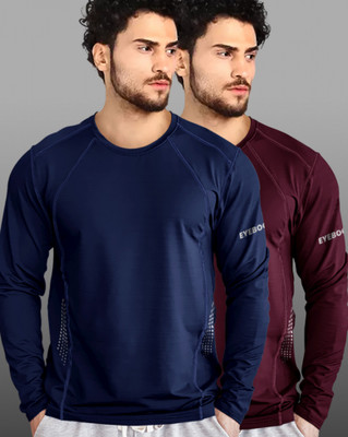 EyeBogler Solid Men Round Neck Navy Blue, Maroon T-Shirt