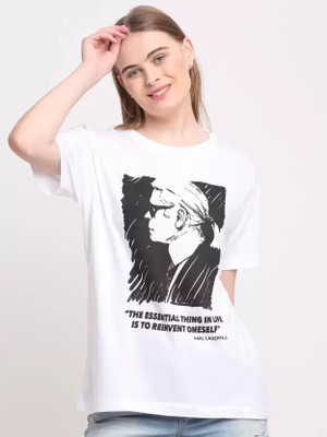 SPOWEARY Printed Women Round Neck White, Multicolor T-Shirt