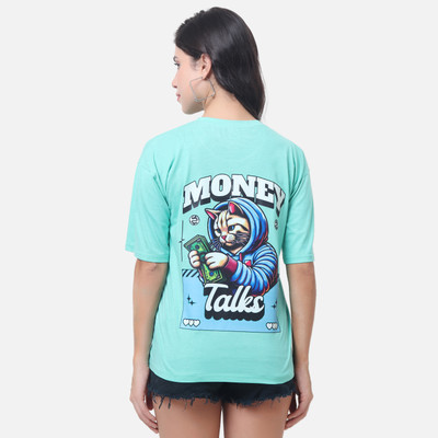 Hokum Geometric Print Women Round Neck Light Green T-Shirt