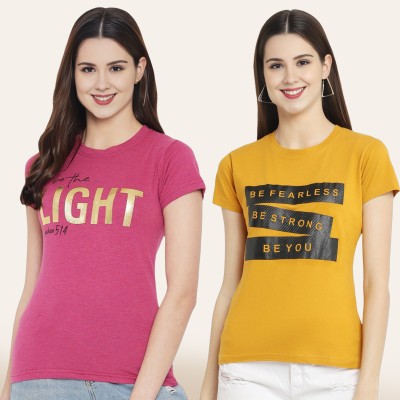 DreamBe Printed Women Round Neck Pink, Yellow T-Shirt